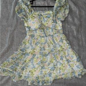 Blue and Yellow Puff Sleeve Sundress for Weddings